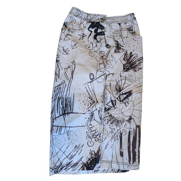 Vintage John Galliano Skirt Denim Pencil Sketches Printed Kendall Jenner Owned - Picture 2 of 13